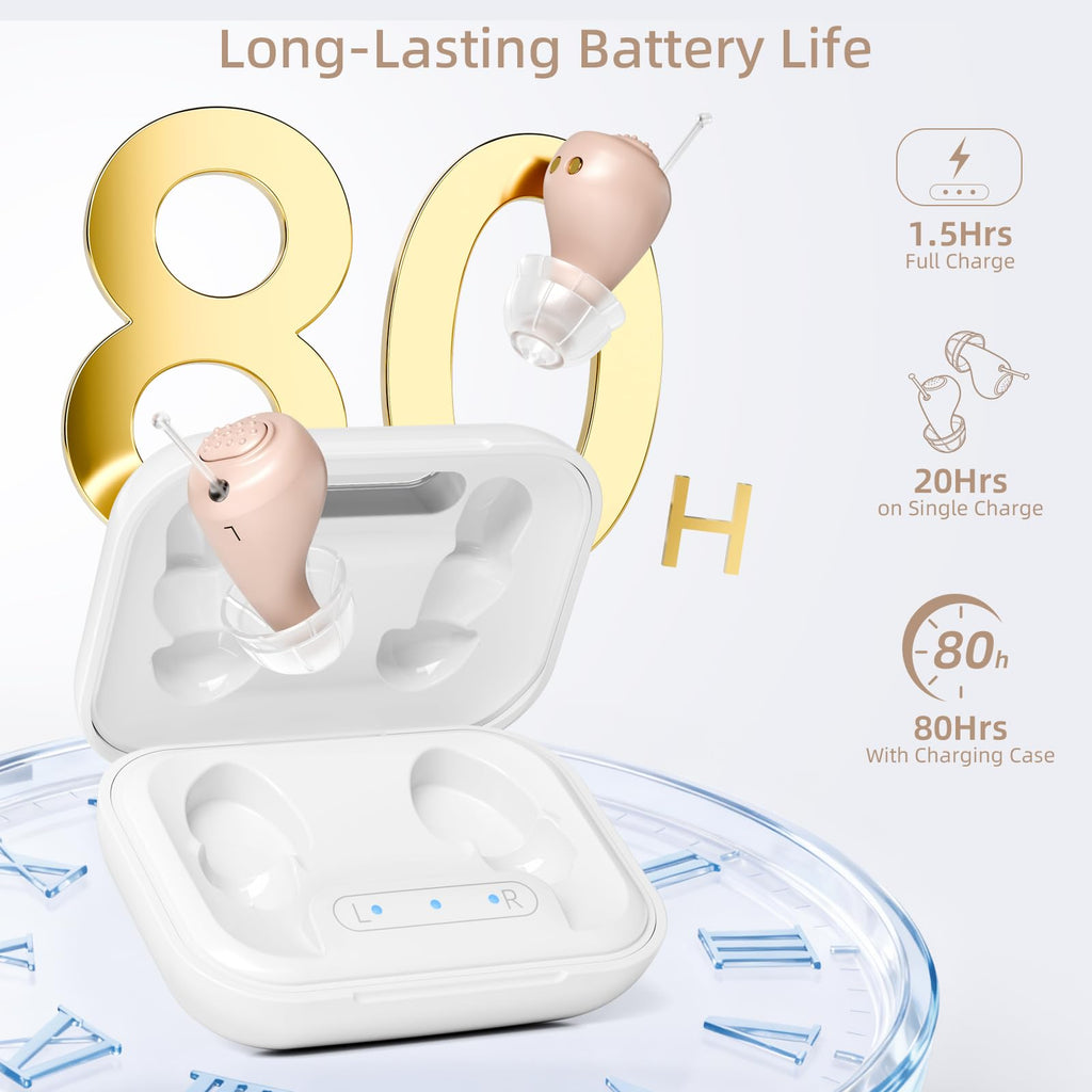 OTC Hearing Aids Rechargeable (Including Charging Case), Comfortable In-Ear Hearing Aids for Seniors and Adults, 24-Channel Digital Noise Reduction, Clear Sound, Invisible Design, 80+ Hrs Battery Life