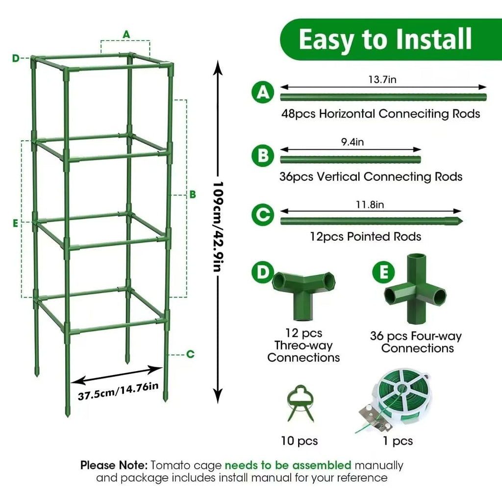 SHCCPPJ 3 Pack Tomato Cages, 42 Inch Heavy Duty Metal Square Tomato Cage for Raised Garden Bed, Rust-Proof Sturdy Tall Tomato Trellis Supports for Climbing Plants Outdoor with Clips Wire