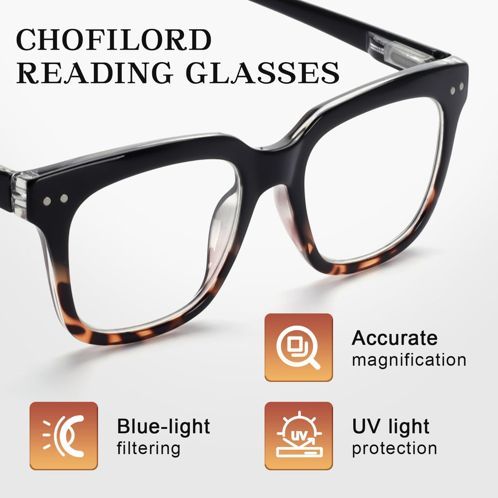 CHOFILORD 6 Pack Fashion Reading Glasses for Women Men Blue Light Blocking Oversized Square Readers with Spring Hinge (6 Pack Mix, 2.00)