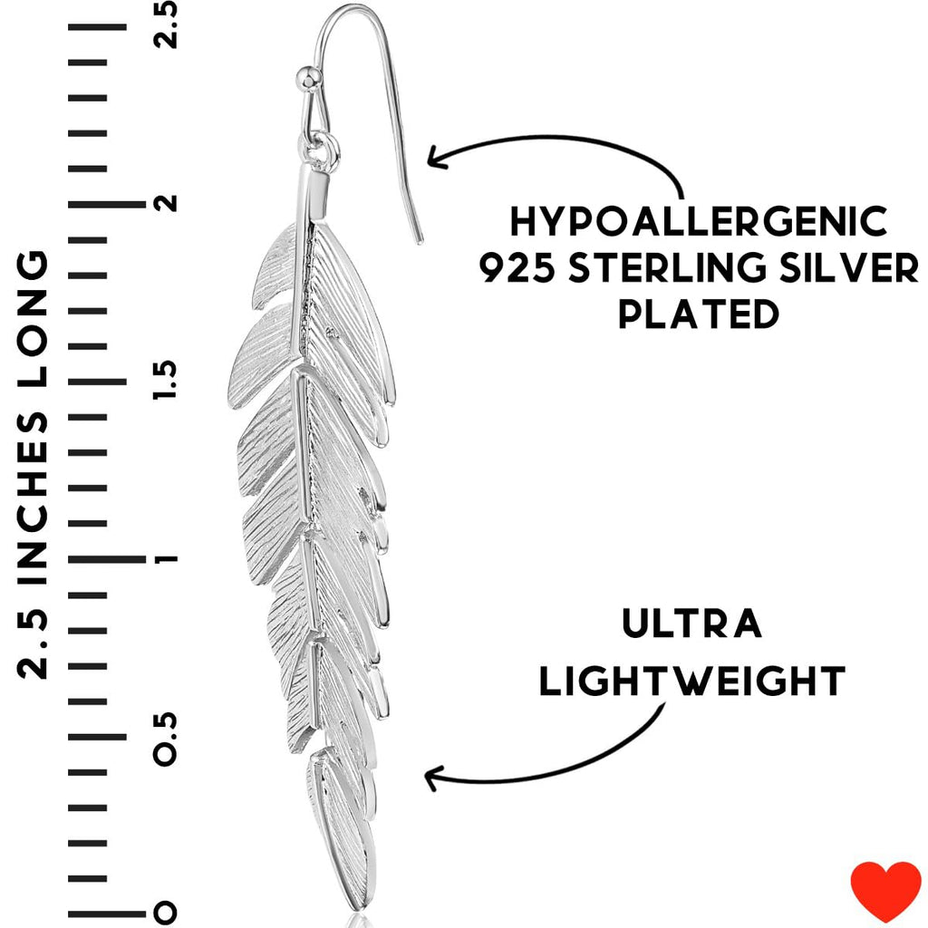 Floating Feathers Dangle Earrings - Silver Tone Long Hanging Leaf Drops