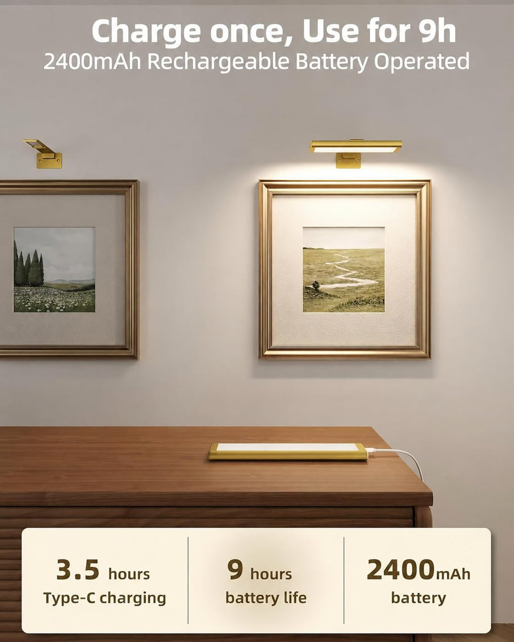 EZVALO Picture Light for Wall, Rechargeable 2400mAh Battery Lights Wireless with IR Remote, 3 Color & Dimmable Magnetic 7.87'' LED Lights Display for Painting, Living Room, Gallery, Bedroom(Gold-3P)