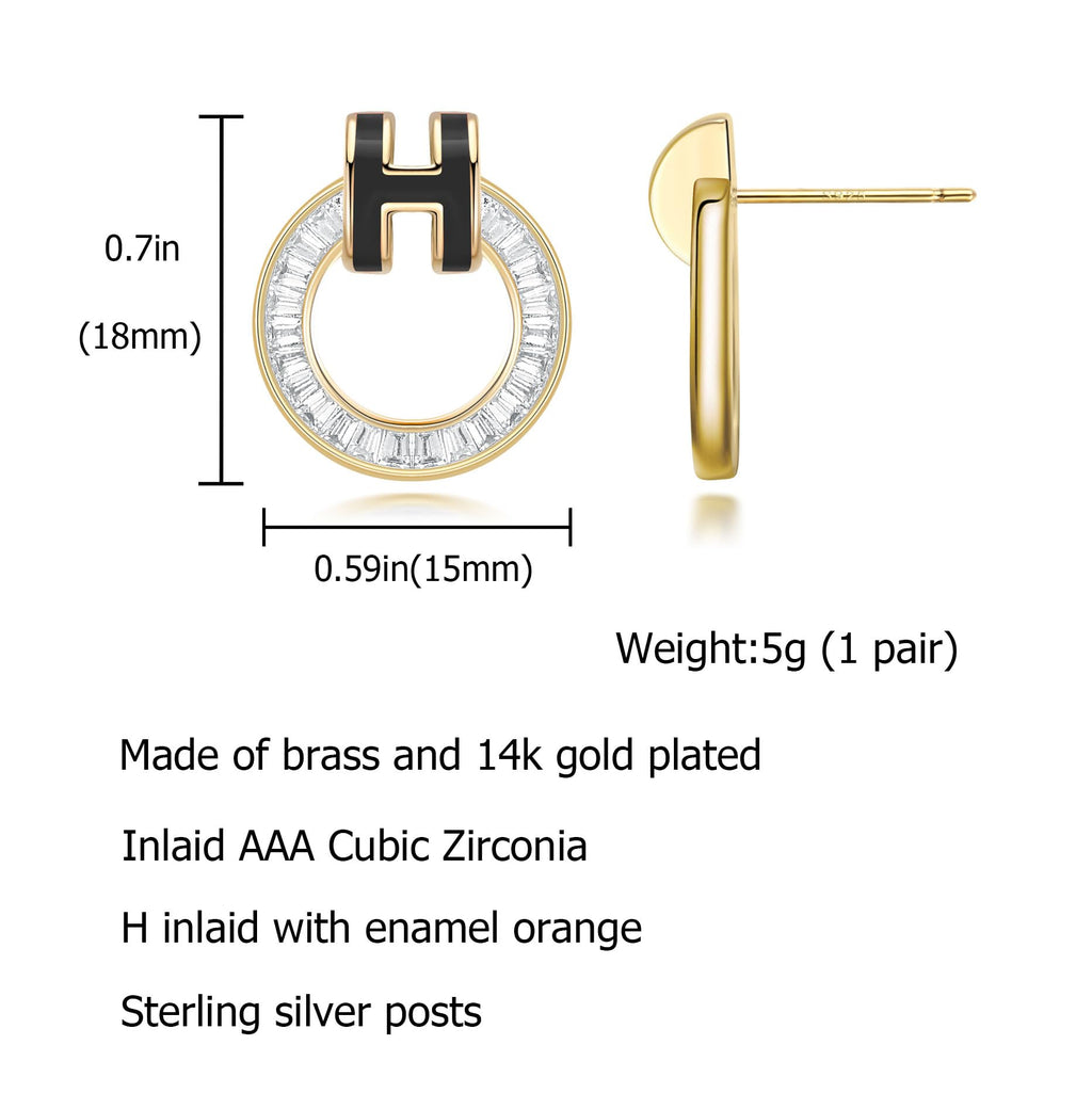 Hothink H Stud Earrings 14K Gold Plated Earrings Enamel Earrings Dainty Stud Earrings for Women Birthday Gifts for Women (Gold-Black)