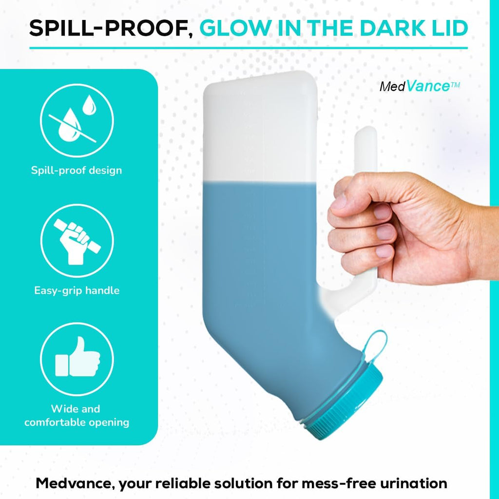 MedVance- Urinals for Men 1000ml with Glow in The Dark Spill Proof Pop Cap Lid, Plastic Pee Bottles for Men, Male Urinals, Pee Container Men, Portable Urinal for Car, Elderly & Incontinence (2 Pack)