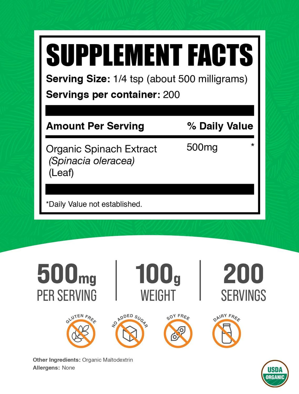 BulkSupplements.com Organic Spinach Extract Powder - Organic Spinach Powder from Leaf Extract, Herbal Supplement - Gluten Free, 500mg per Serving, 100g (3.5 oz) (Pack of 1)