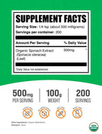 BulkSupplements.com Organic Spinach Extract Powder - Organic Spinach Powder from Leaf Extract, Herbal Supplement - Gluten Free, 500mg per Serving, 100g (3.5 oz) (Pack of 1)