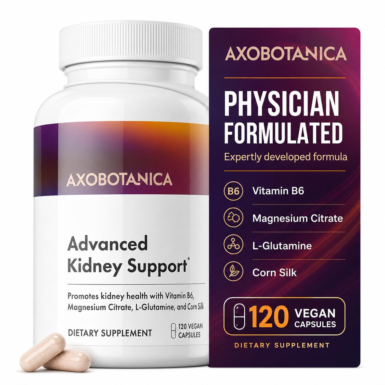 Axobotanica Kidney Cleanse Detox & Repair - Vitamin B6, Magnesium, L-Glutamine & Cornsilk - Kidney Support Supplement, Urinary Flow & Bladder Comfort - 120 Capsules (1 Bottle, 60 Servings)