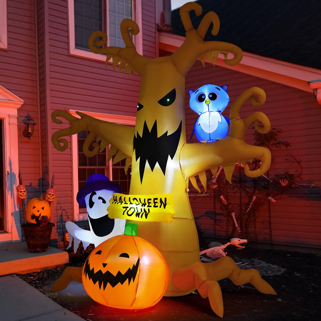 GOOSH 8 FT Halloween Inflatables Dead Tree Outdoor Decorations with Owl Ghosts and Pumpkins, Blow Up Yard Decorations with Built-in LED Lights for Outdoor Party Garden Lawn Decor