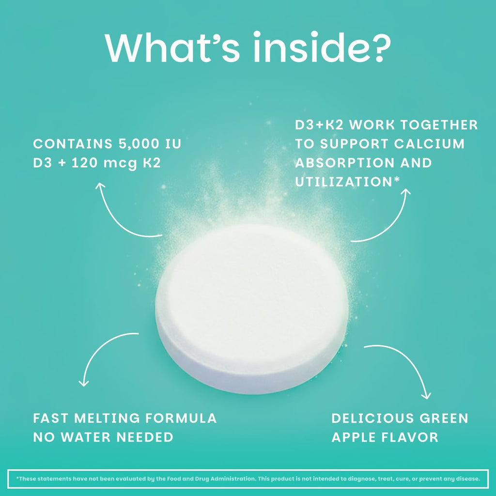EZ Melts Dissolvable Vegan Vitamin D3 + K2 5,000 IU - Bone & Heart Health Support - Immune Function Support - No Artificial Flavors - Non-GMO - Green Apple - 90 Dissolvable Tablets (90 Servings)