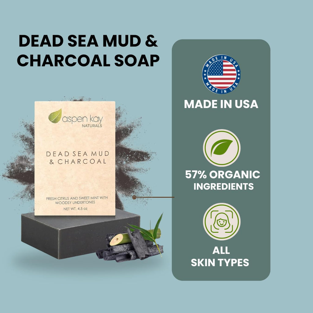 Aspen Kay Naturals Dead Sea Mud and Charcoal Soap Bar. With Organic Shea Butter & Pure Essential Oils. Charcoal Face Wash for Men, Women & Teens. (3 pack)
