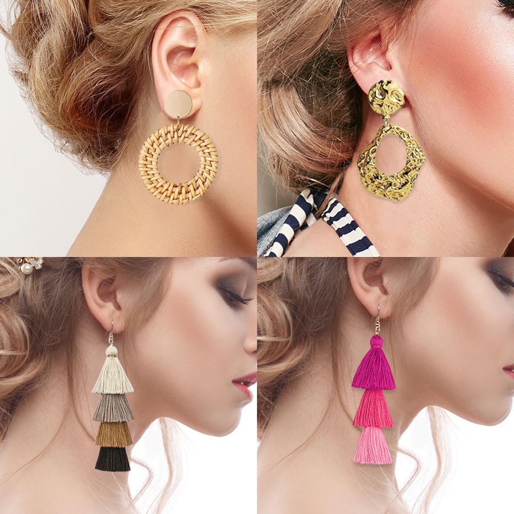 12 Pairs Acrylic Rose Petal Earrings Boho Rattan Earrings Tassel Dangle Earrings for Women Jewelry Set﻿ (Style2)