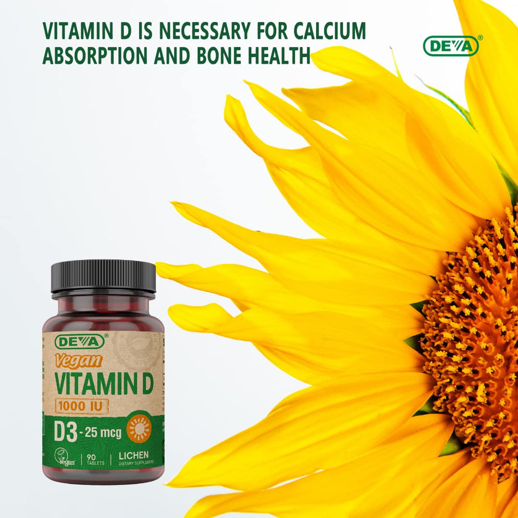 DEVA Vegan Vitamin D3 Supplement - Once-Per-Day Tablet with 1000 IU - Cholecalciferol - Lichen Plant Derived - 90 Small Tablets, 2-Pack