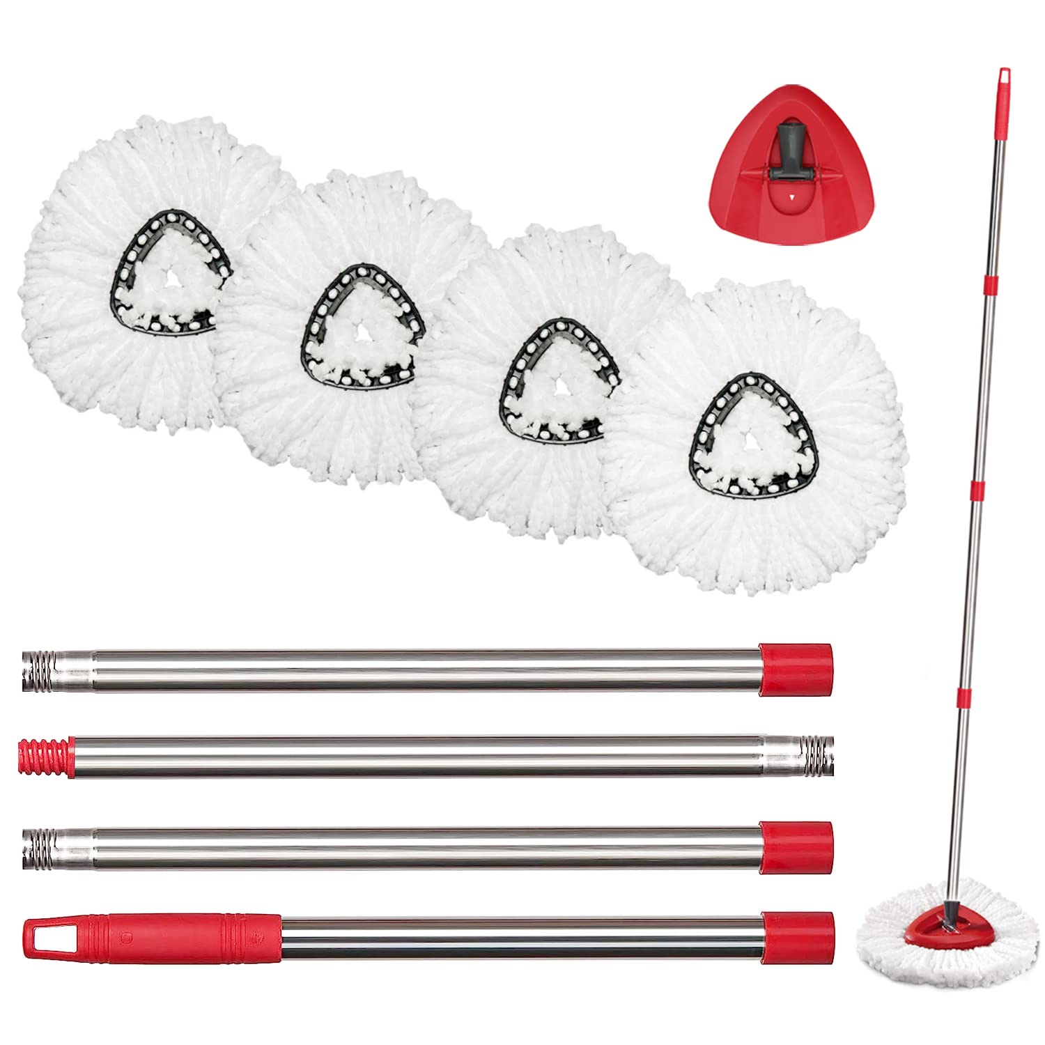 O-Cedar Spin Mop Replacement Head Set with Base and 30" to 58" Handle, Combo Set Includes 4 Pack Mop Refills