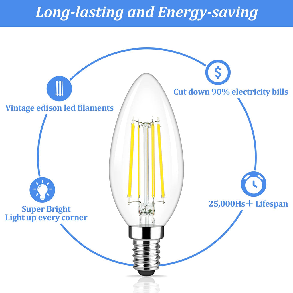 Brightever E12 Candelabra LED Light Bulbs 60 Watt Equivalent, 620 Lumen 6W C32 B11 Clear LED Filament Candle Bulbs, Dimmable Daylight White 5000K Chandelier Light Bulbs for Ceiling Fan, Pack of 5