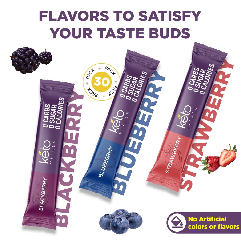 Keto Vitals Antioxidant Electrolytes Powder Packets No Sugar | Keto Friendly Electrolytes Travel Packets | Variety Stickpacks | Energy Drink Mix | Zero Calorie | Zero Carb (Berry Assorted, 30)