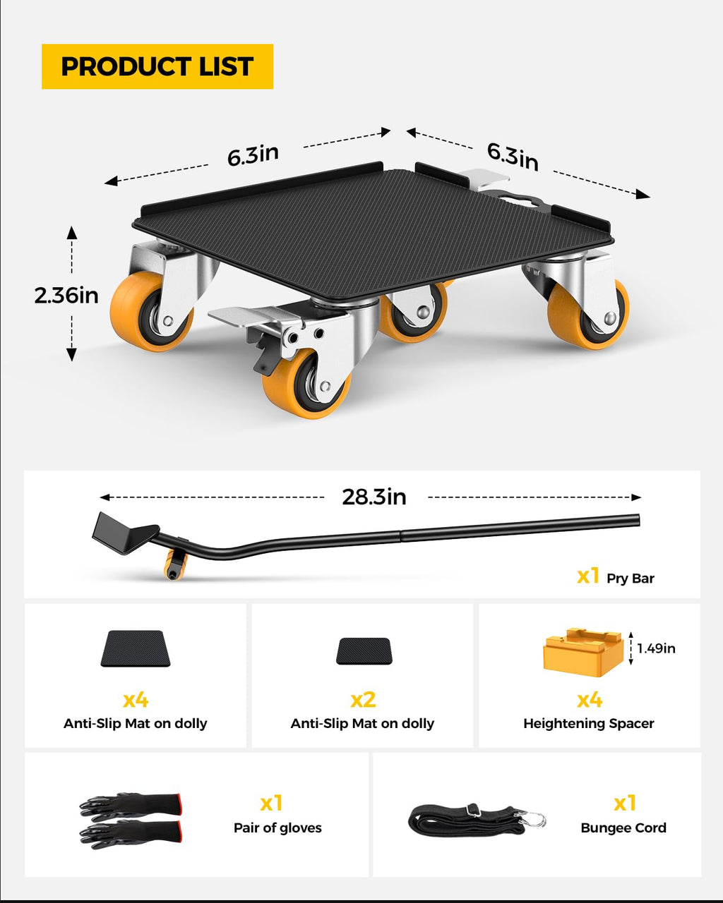 KYX Furniture Dolly, Furniture Movers with 5 Wheels,Carbon Steel Panel Heavy Duty Dolly, Furniture Lifter with 360° Rotatable Silent Rubber Universal Wheels, Max Load 4000LBS(6.9x6.9 in)