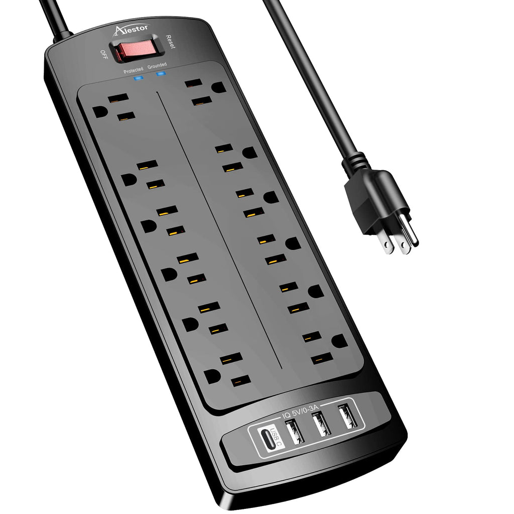 ALESTOR 6 Ft Surge Protector Power Strip with 12 Outlets and 4 USB Ports