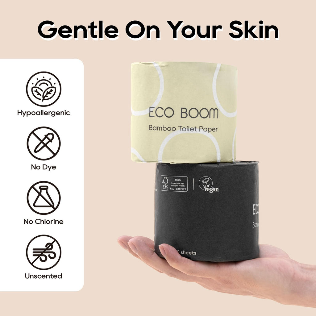 ECO BOOM Unbleached Bamboo Toilet Paper, 100% Tree-Free & Plastic-Free, 3-Ply Strong, FSC Certified, Unscented, 9 Rolls, 360 Sheets | PFAS Free, BPA Free & Septic Safe