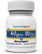 Superior Source K2 (MK-7) 100 mcg, with D3 (5,000 IU) Supplement, Quick Dissolve MicroLingual Tablets, 60 Count, Strengthen Bones, Cardiovascular & Immune System Support, Non-GMO