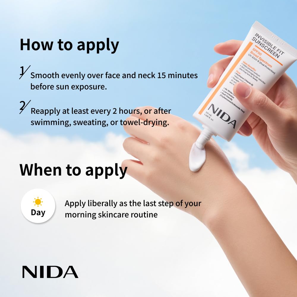 NIDA Invisible Fit Sunscreen | SPF 50 Broad Spectrum UV-A/UV-B Dual Protection | No White Cast, Low Irritation, Hydrating Lotion-like Lightweight Glow Sunscreen for All Skin Types | 1.69 fl. oz., 50ml