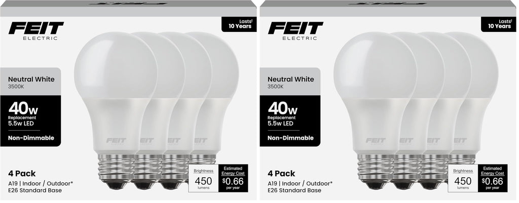 Feit Electric A19 LED Light Bulb, 40-Watt Equivalent,3500K White,E26 Base,450 Lumens,11,000-Hr Lifespan,General-Purpose Residential or Commercial Applications,A450/835/10KLED/4,4 Count (Pack of 2)