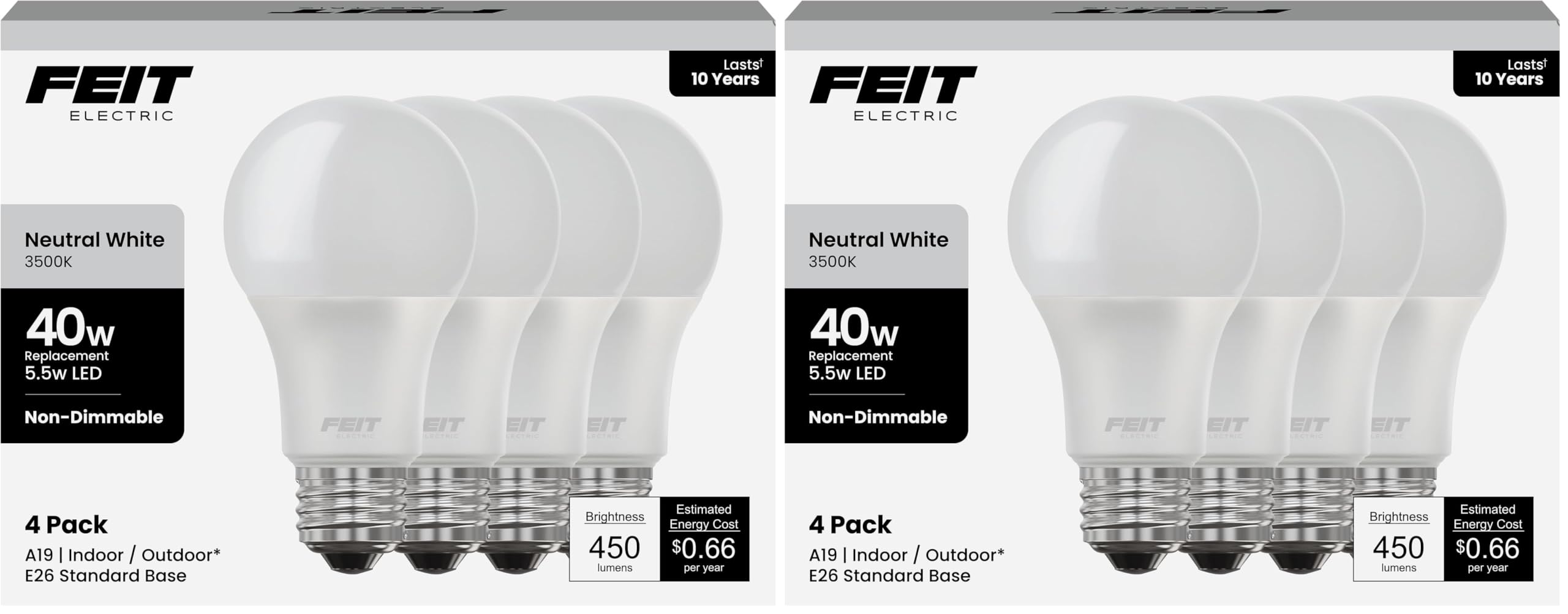 Feit Electric A19 LED Light Bulb, 40-Watt Equivalent,3500K White,E26 Base,450 Lumens,11,000-Hr Lifespan,General-Purpose Residential or Commercial Applications,A450/835/10KLED/4,4 Count (Pack of 2)