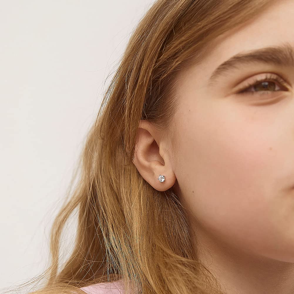 In Season Jewelry Solitaire Simulated Birthstone Kids Earrings - 925 Sterling Silver Hypoallergenic Earrings for Girls with Secure Screw Backs - Safe & Comfortable for Kids & Little Girls, Clear