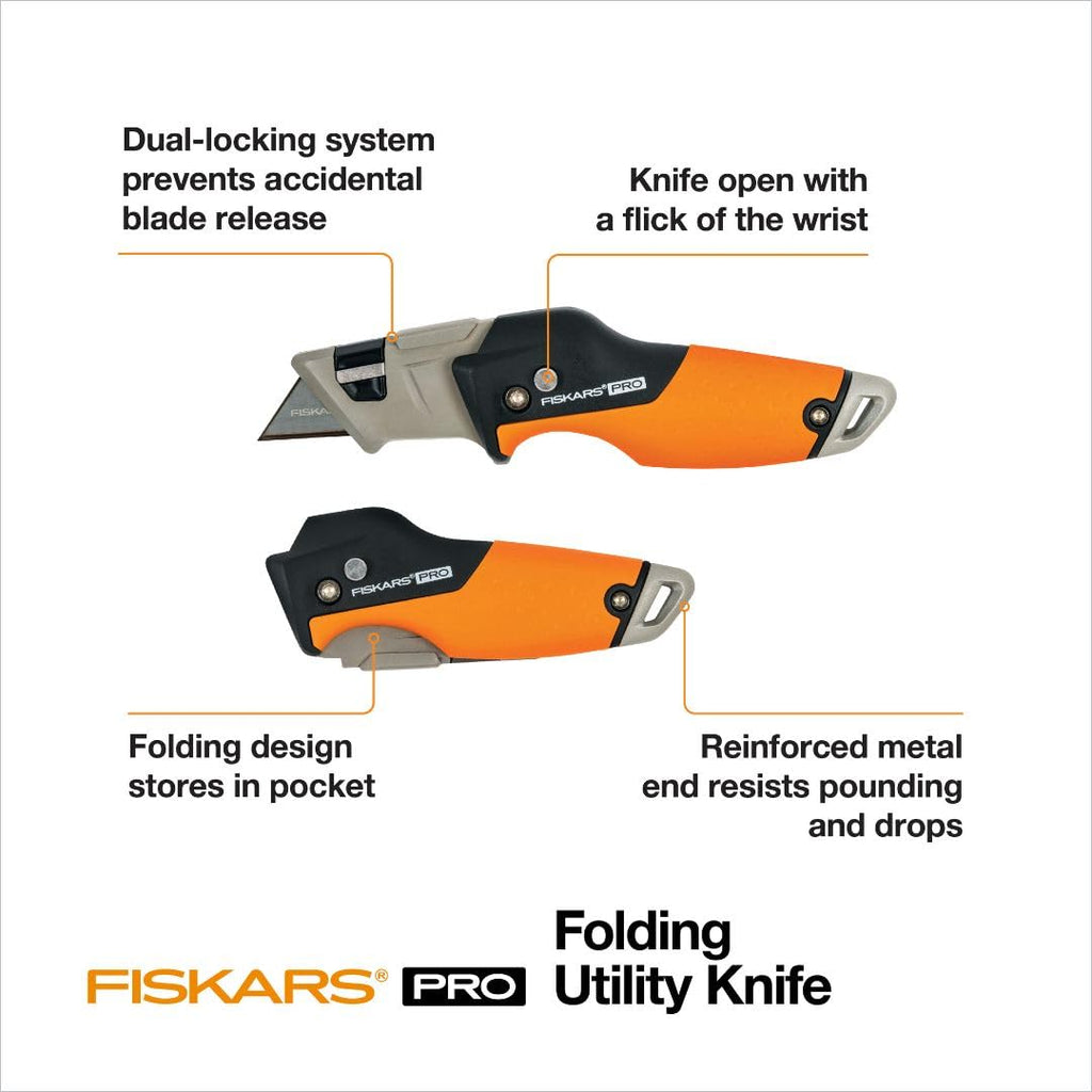 Fiskars Pro Retractable Folding Utility Knife, Box Cutter with Long-Lasting CarbonMax Razor Blade and Dual Lock Safety, Orange/Black