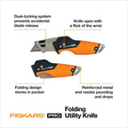 Fiskars Pro Retractable Folding Utility Knife, Box Cutter with Long-Lasting CarbonMax Razor Blade and Dual Lock Safety, Orange/Black