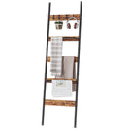 Blanket Ladder, 5-Tier Towel Holder with 2 U-shaped storage rack, Farmhouse Wall Leaning Decorative Rack Shelf, Towel Display Rack, Removable Hooks, Quilt Ladder for Living Room, Bedroom, Rustic Brown