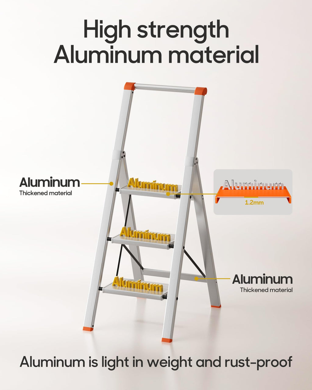 HillhutApex 3 Step Foldable Aluminum Step Ladder with Handgrip, Anti-Slip Pedal, 330 lbs Capacity, Lightweight & Portable for Home, Kitchen, Office, Garage (Orange)
