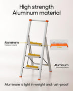 HillhutApex 3 Step Foldable Aluminum Step Ladder with Handgrip, Anti-Slip Pedal, 330 lbs Capacity, Lightweight & Portable for Home, Kitchen, Office, Garage (Orange)
