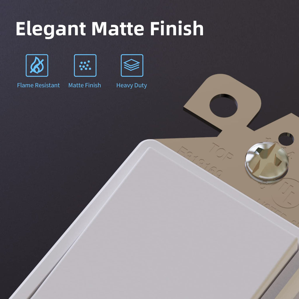 ELEGRP Matte White Single Pole Decorator Light Switch, 15Amp, 120-277V, Decorative Paddle Rocker Switch Replacement, On/Off Wall Switch, Self-Grounding, Residential/Commercial Grade, UL/CUL (10 Pack)
