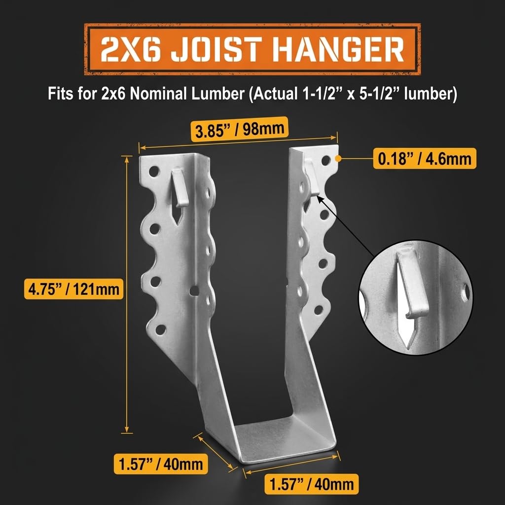 [25 Pack] 2x6 Joist Hanger, 18 Gauge LU26 Galvanizing Face Mount Joist Hangers, Wood Hurricane Ties, Rafters Tie