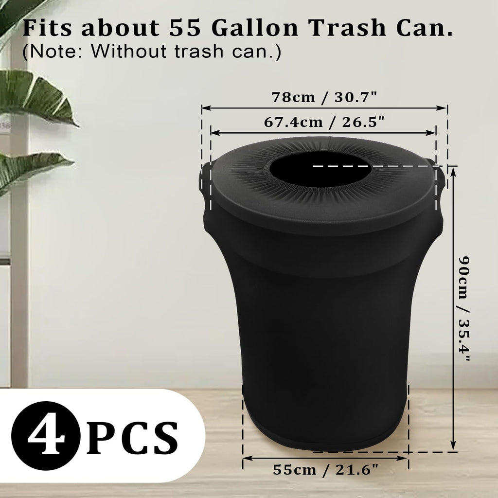 BSTKEY 55 Gallon Stretch Spandex Trash Can Cover, 4 Pack Outdoor Fitted Waste Container Cover Round Garbage Can Covers for Wedding Party Commercial Fundraiser Decor, Without Trash Can (Black)
