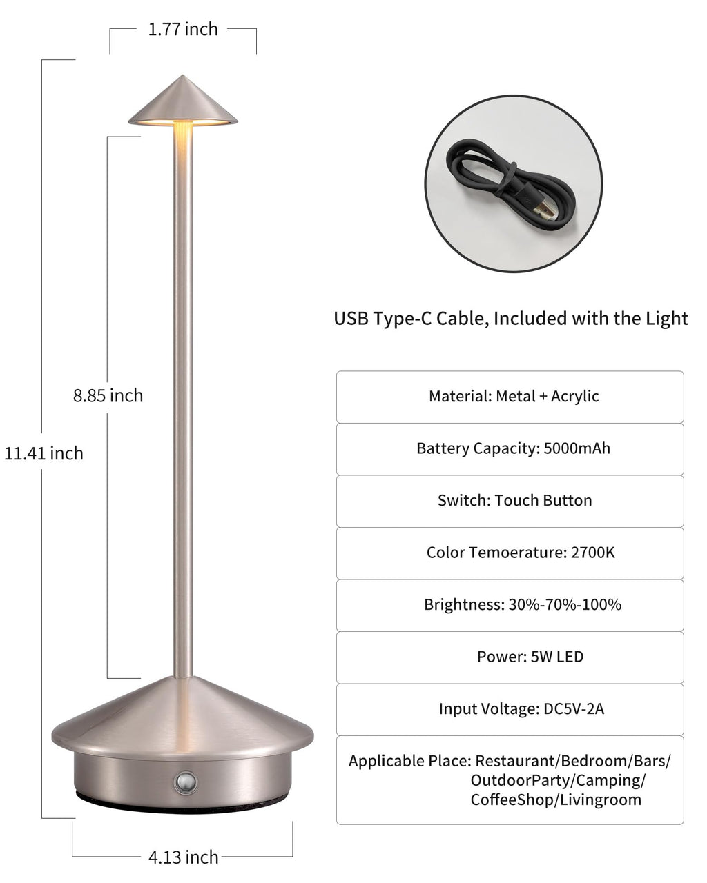 NEWSEE Modern Cordless Table Lamp Set of 2, Portable LED Desk Lamps, 5000mAh Rechargeable Battery Operated Lighting for Bedroom Dining Room Restaurant Coffee Shop Camping Night Light (Brushed Nickel)
