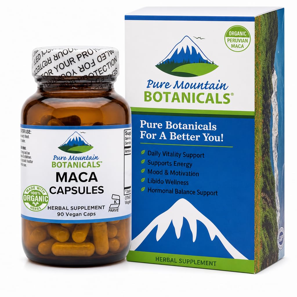 Pure Mountain Botanicals Maca Root Capsules - 1000mg Organic Peruvian Maca - Raw and Gelatinized Blend - 90 Vegan Kosher Caps