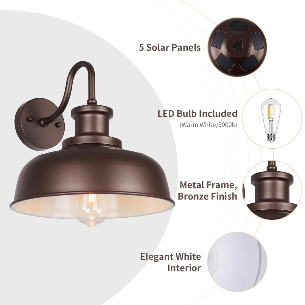 Diyel Solar Barn Lights for Outside, Outdoor Wall Light Solar Powered, Farmhouse Exterior Wall Sconce, Industrial Outside Lighting Fixture, Rustic Bronze White Lanterns for Barn Shed Coop Garage Patio