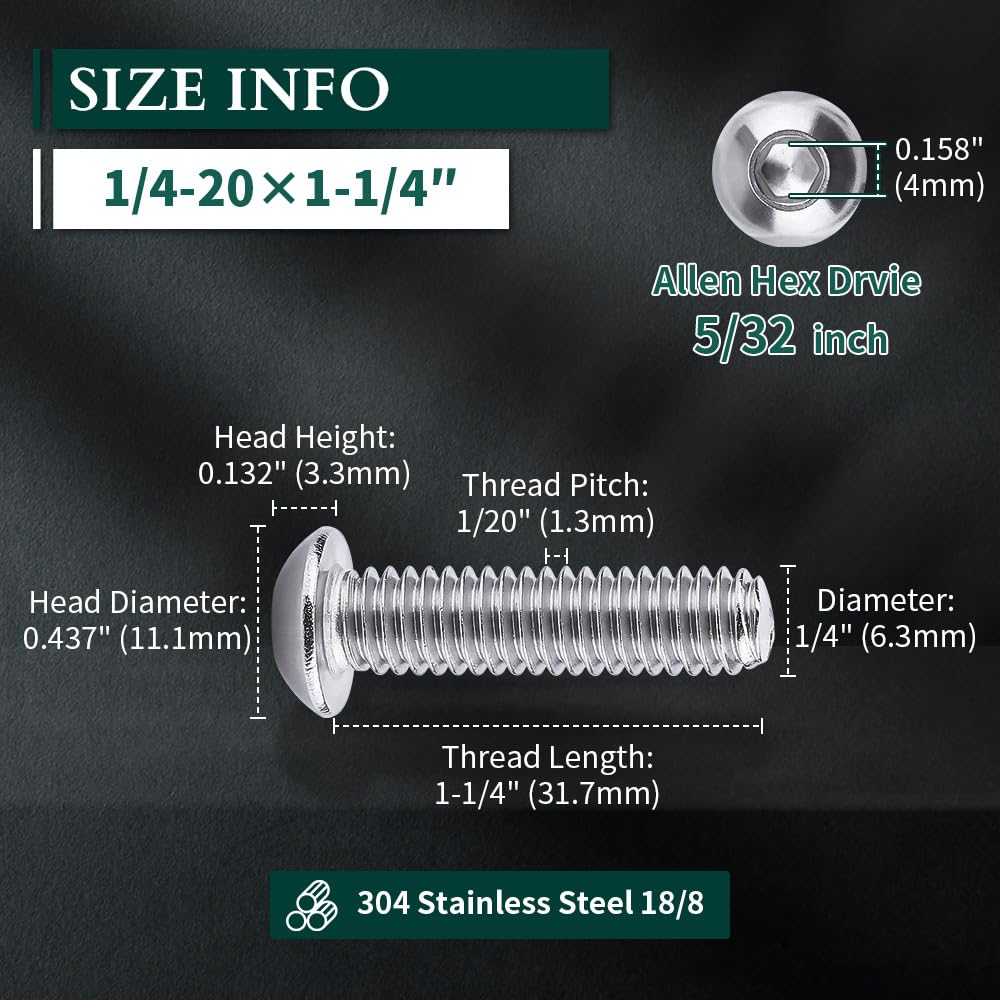 1/4-20 x 1-1/4" Button Head Socket Cap Bolts Screws, 304 Stainless Steel 18-8, Allen Hex Drive, Bright Finish, Fully Machine Thread, Pack of 100
