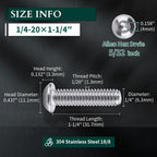 1/4-20 x 1-1/4" Button Head Socket Cap Bolts Screws, 304 Stainless Steel 18-8, Allen Hex Drive, Bright Finish, Fully Machine Thread, Pack of 100