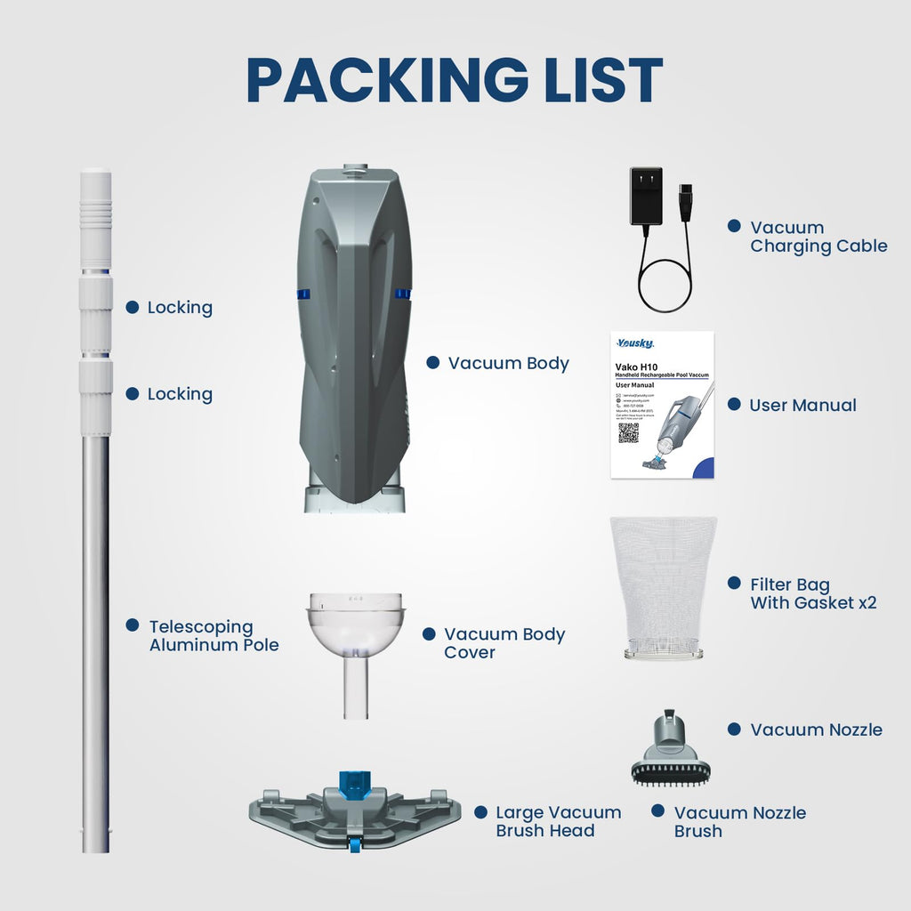 Cordless Pool Vacuum for Above Ground Pool with Telescopic Pole, 18.5 GPM Powerful Suction, 45 Mins Runtime, Rechargeable Handheld Pool Cleaner with 2 Brush Heads for Inground Pools