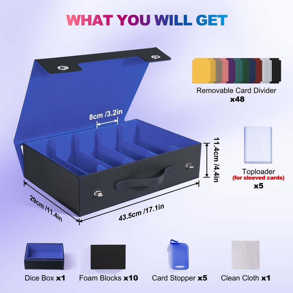 UAONO Trading Card Storage Box with Commander Display, 5 Row Magic Card Box with Handle & Aluminum Alloy Locking for 3900+ Unsleeved Cards Suits for MTG PTCG TCG Sports Cards (Black Blue)