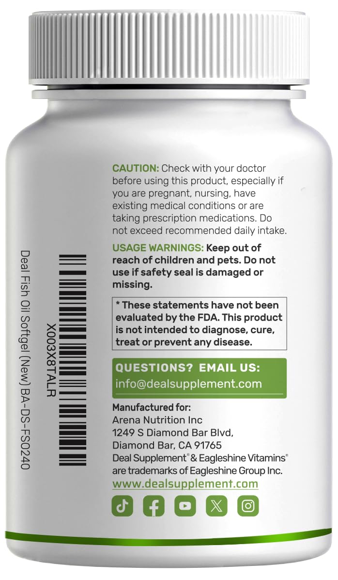 DEAL SUPPLEMENT Omega 3 Fish Oil Supplements, 3,000mg Per Serving, 240 Softgels – EPA 1,200mg + DHA 900mg – Burpless Pills, Lemon Flavored, Wild Caught – Brain & Heart Support – Mercury Free, Non-GMO