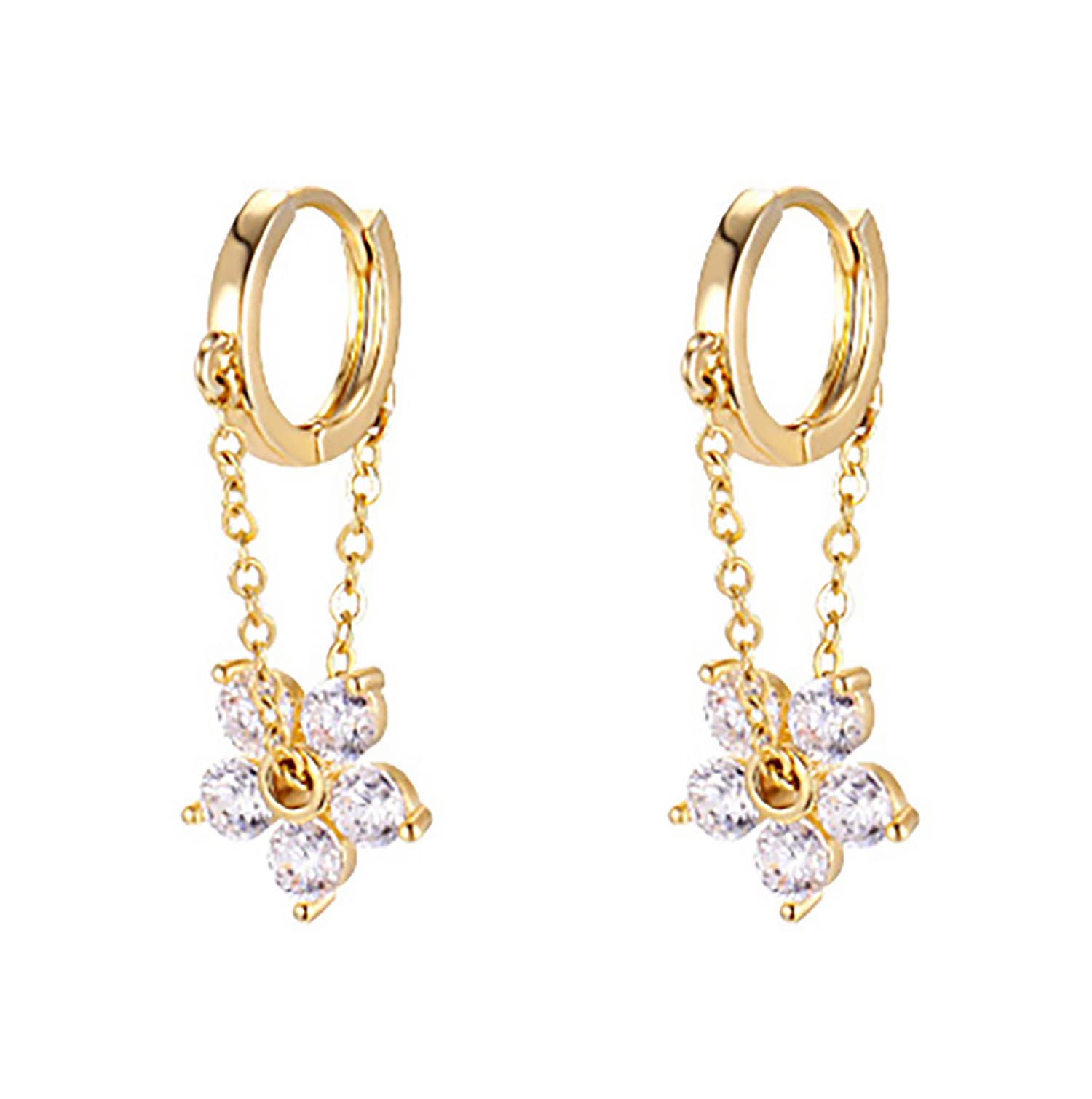 Reffeer 925 Sterling Silver Flower Chain Drop Earrings Hoop for Women Teen Girls Huggie Hoop Dangle Earrings Chain (B-Gold)