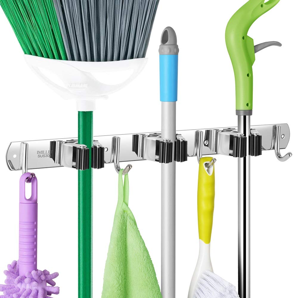 IMILLET Broom and Mop Holder Wall Mounted, Stainless Steel Broom Holder Mop Holder Self Adhesive Heavy Duty Hooks Storage Organizer for Home Laundry Room Garden Garage（3 Racks with 4 Hooks）