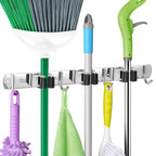 IMILLET Broom and Mop Holder Wall Mounted, Stainless Steel Broom Holder Mop Holder Self Adhesive Heavy Duty Hooks Storage Organizer for Home Laundry Room Garden Garage（3 Racks with 4 Hooks）