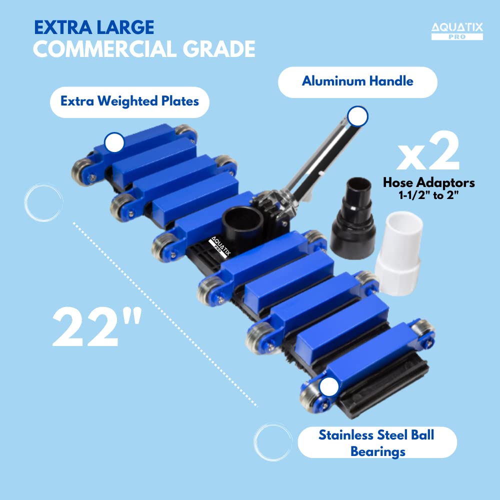 Aquatix Pro Pool Vacuum Head, 22" Extra Large Commercial Grade, 10 Weighted Plates, 2 x Hose Adapter, Aluminium Handle, Stainless Steel Balls, Flex Swivel Swimming Pool Head with Bottom Brush