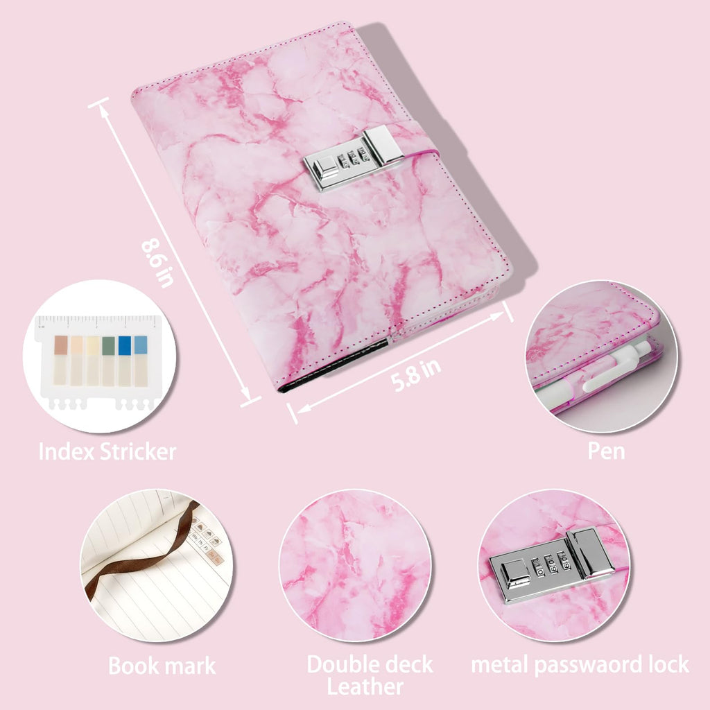 Kutoda Marble Diary with Lock, 192 Pages College Ruled Secret Journal with Lock, Waterproof A5 locked journal for women, Cute Diary Stuff for Teen Girls (Pink)
