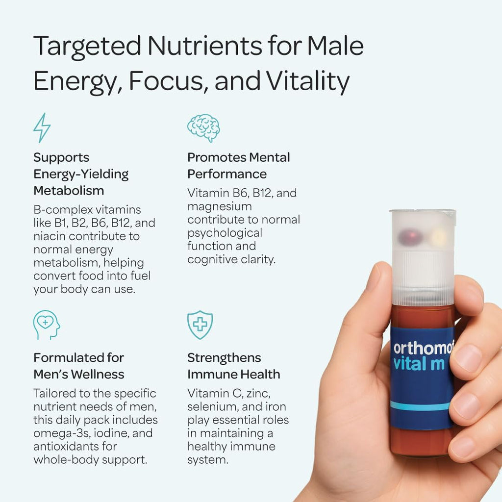 Orthomol Vital M – Daily Multivitamin for Men, Vitamins A, B, C, D3, E, K, Zinc, Iodine & Omega-3, Supports Energy, Vitality, Immune Health & Metabolism, 30-Day Supply, Liquid+ Capsules Supplement