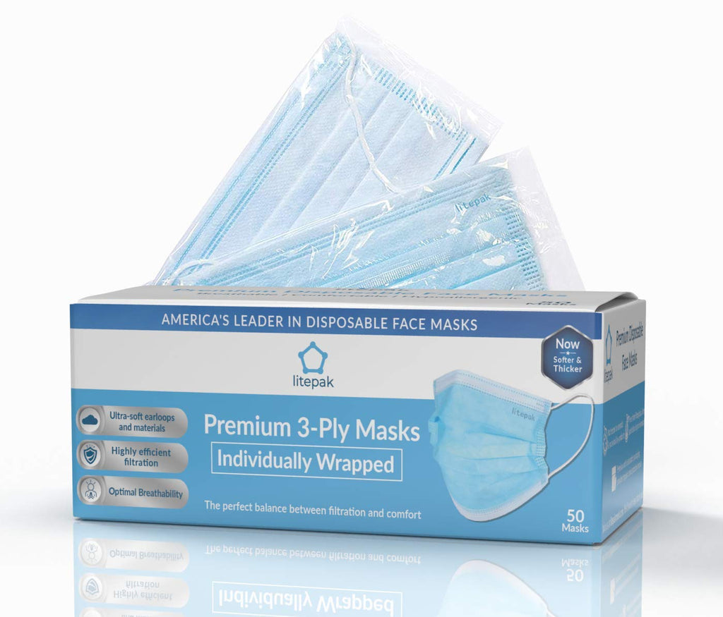 Litepak 500pcs Premium Disposable Face Mask SOFT 3ply - Individually Wrapped