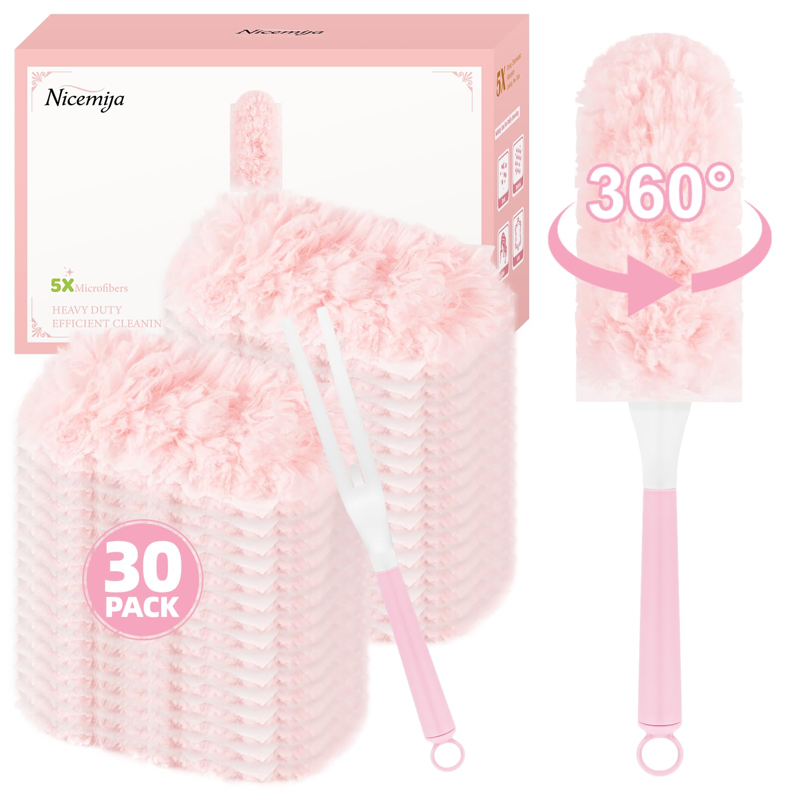 Nicemiya 30 Count Pink Duster Refills Compatible with Swiffer Handle, 360° Multi-Surface Duster Refills with 1 Handle, 5X Microfibers Disposable Dusters for Home, Office Cleaning